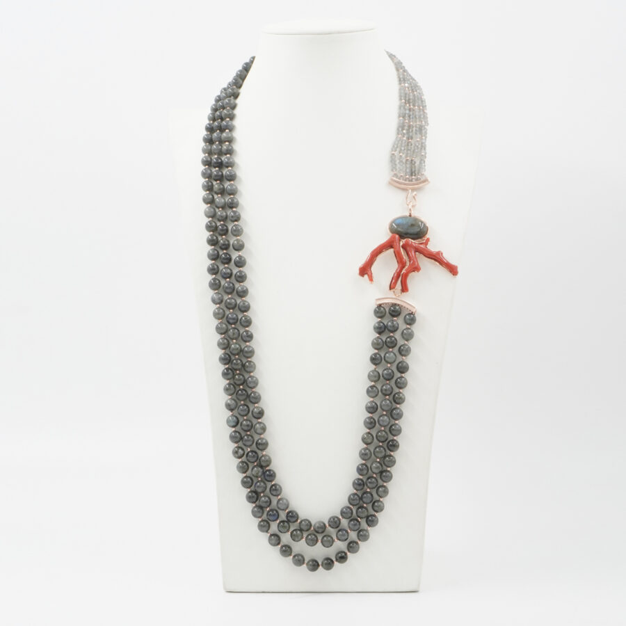 Collana Multifilo con labradorite, ematite, rami di corallo, chiusura in argento 925 - Rosato - immagine 4