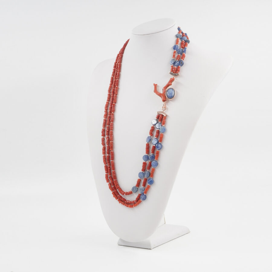 Collana Multifilo con corallo, cianite, ematite, chiusura in argento 925 – Rosato