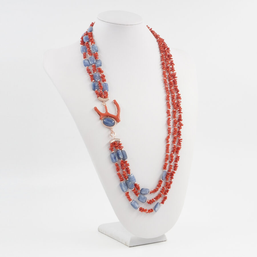 Collana Multifilo con corallo, cianite, ematite, chiusura in argento 925 – Rosato