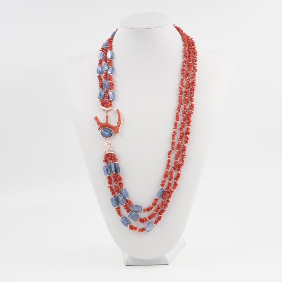 Collana Multifilo con corallo, cianite, ematite, chiusura in argento 925 – Rosato - immagine 2