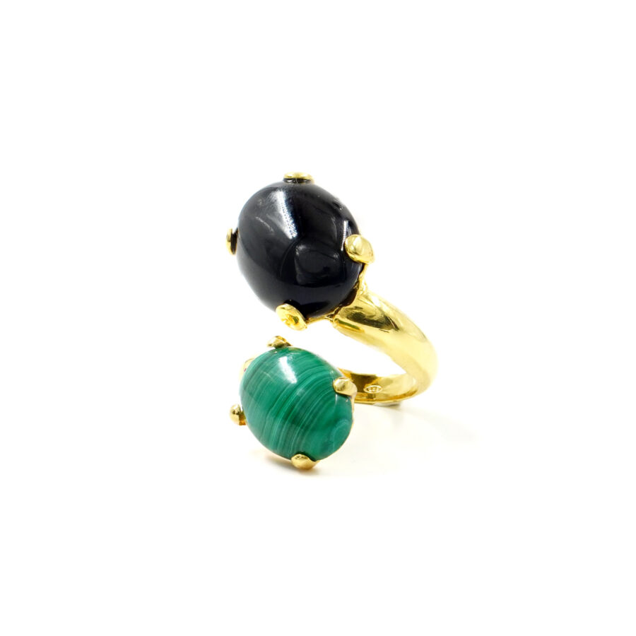 Anello in argento 925 con agata nera, malachite – Dorato