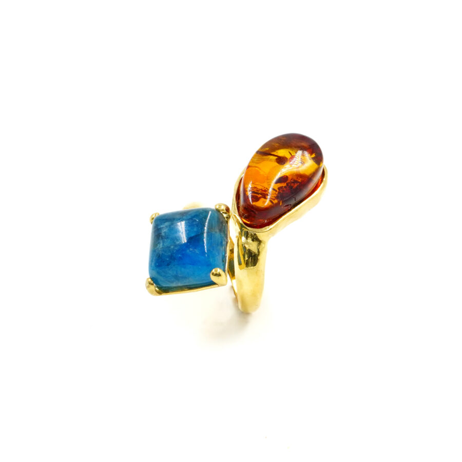 Anello in argento 925 con ambra, apatite – Dorato