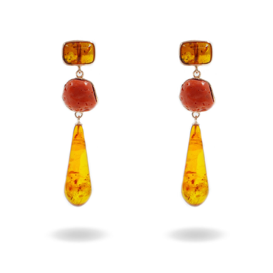 Orecchini in argento 925 con corallo, ambra – Rosato