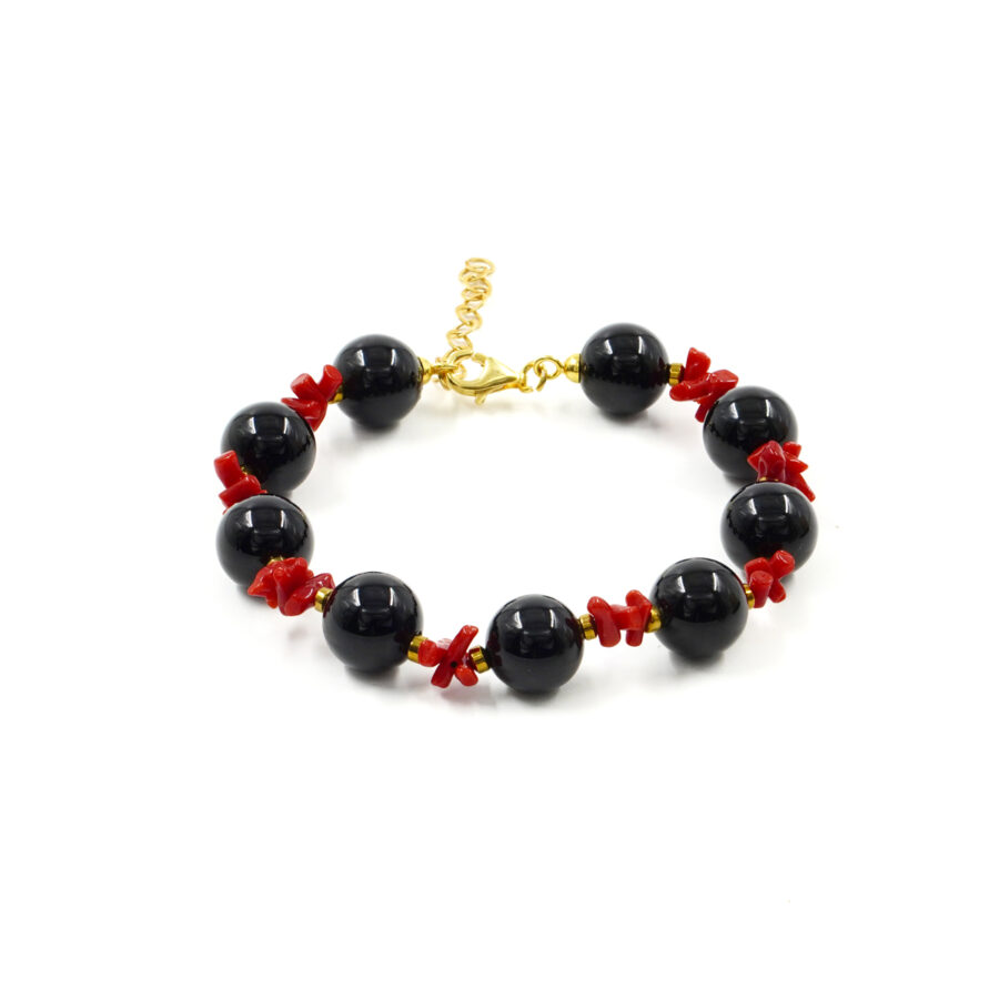 Bracciale con agata nera, corallo, ematite, chiusura in argento 925 – Dorato