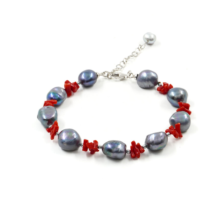 Bracciale con perla, corallo, ematite, chiusura in argento 925 – Rodiato