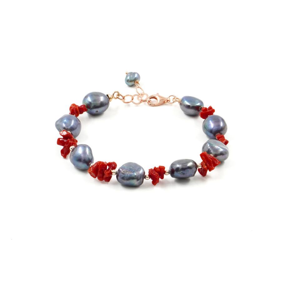 Bracciale con perla, corallo, ematite, chiusura in argento 925 – Rosato