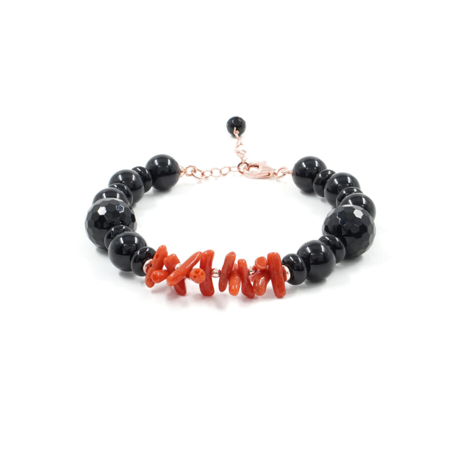 Bracciale con agata nera, corallo, ematite, chiusura in argento 925 - Rosato