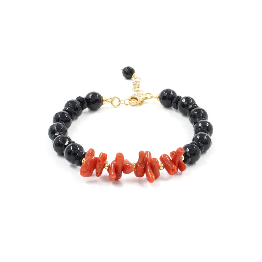 Bracciale con agata nera, corallo, ematite, chiusura in argento 925 – Dorato