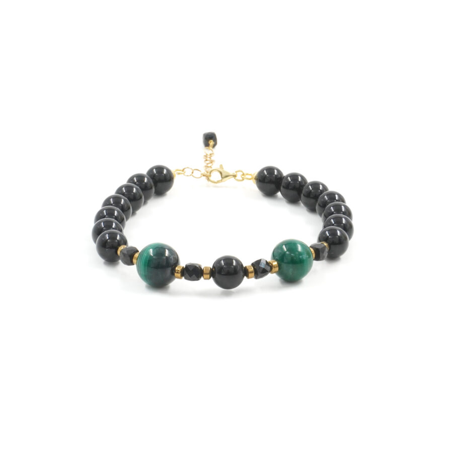 Bracciale con agata nera, malachite, ematite, chiusura in argento 925 – Dorato