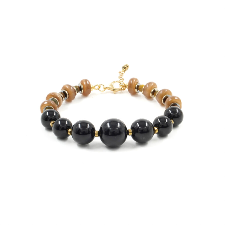 Bracciale con agata nera, occhio di gatto, diaspro, ematite, chiusura in argento 925 – Dorato