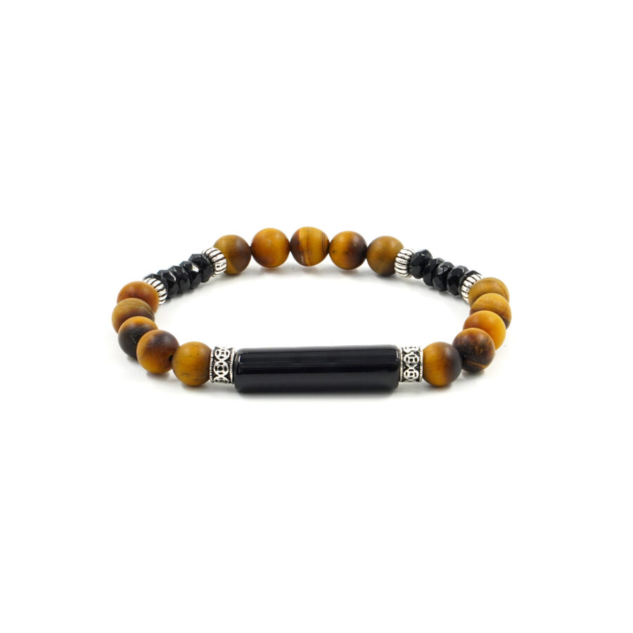 Bracciale Elastico con agata nera, occhio di tigre satinato, elemento in argento 925