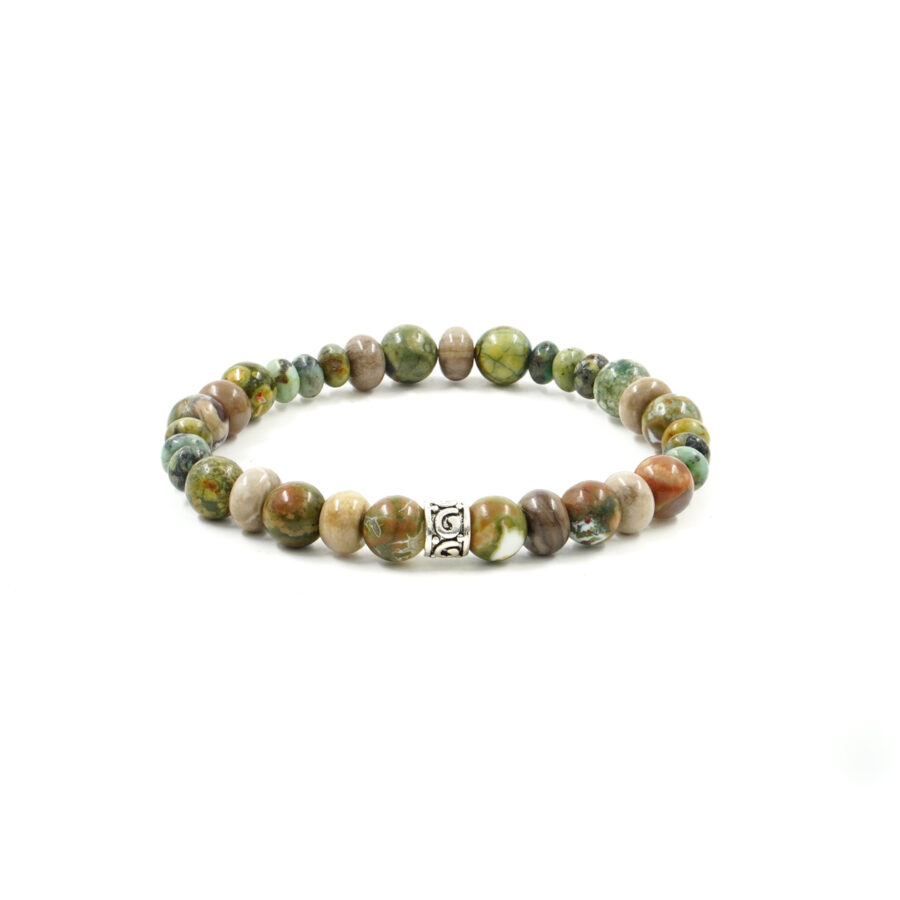 Bracciale Elastico con riolite, turchese africano, astrofilite, elemento in argento 925