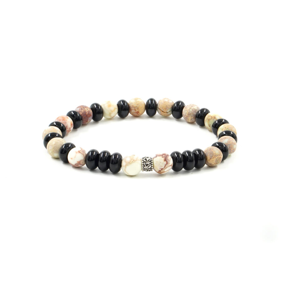 Bracciale Elastico con agata nera, diaspro imperiale bianco satinato, elemento in argento 925