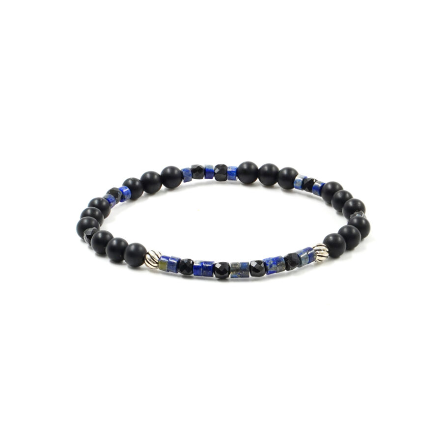 Bracciale Elastico con agata nera satinata, spinello, lapis, elemento in argento 925