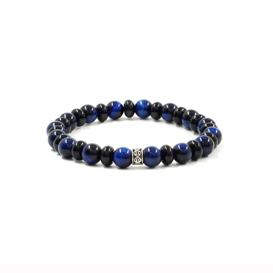 Bracciale Elastico con occhio di tigre blu, agata nera, elemento in argento