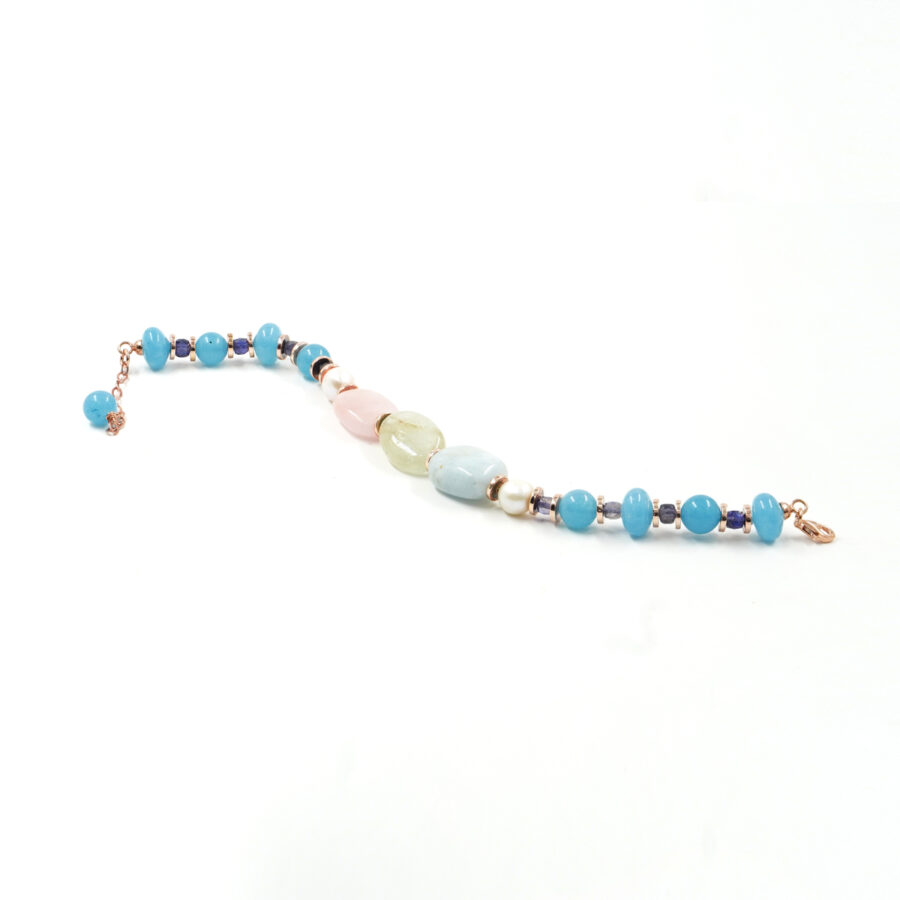 Bracciale con quarzo spugna azzurro, berillo, iolite, perla, chiusura in argento 925 – Rosato