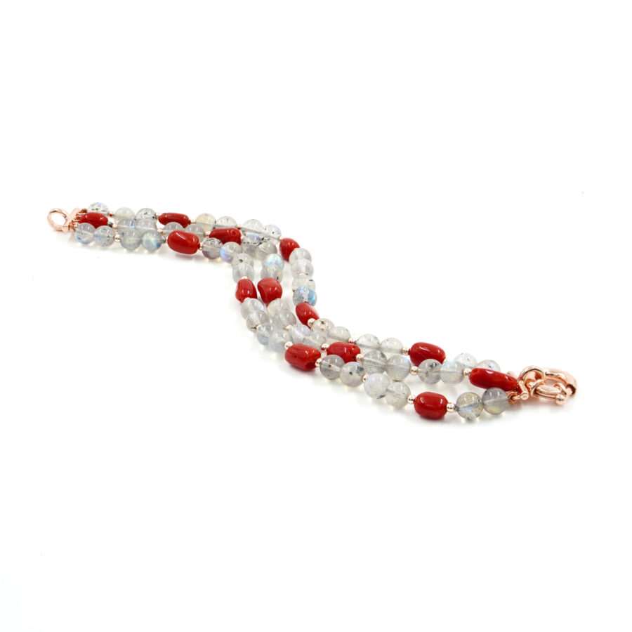 Bracciale Multifilo con labradorite, corallo, ematite, chiusura in argento 925 – Rosato