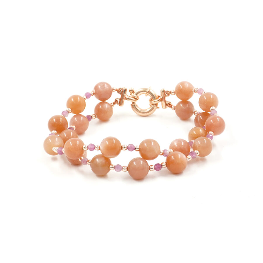 Bracciale Multifilo con pietra di Luna, tormalina rosa, ematite, chiusura in argento 925 – Rosato