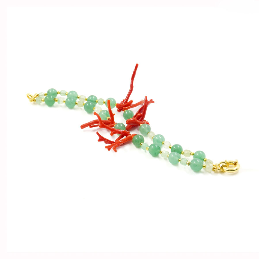 Bracciale Multifilo con avventurina, quarzo verde, corallo, chiusura in argento 925 – Dorato