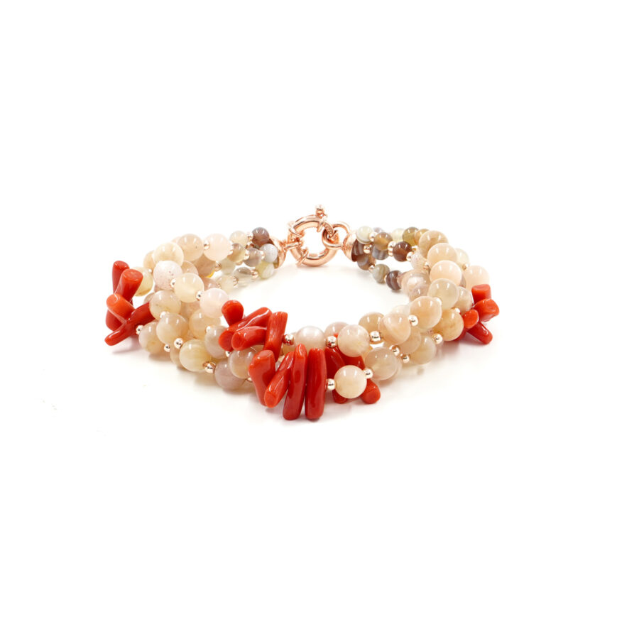 Bracciale Multifilo con pietra di Luna, corallo, agata botswana, ematite, chiusura in argento 925 – Rosato