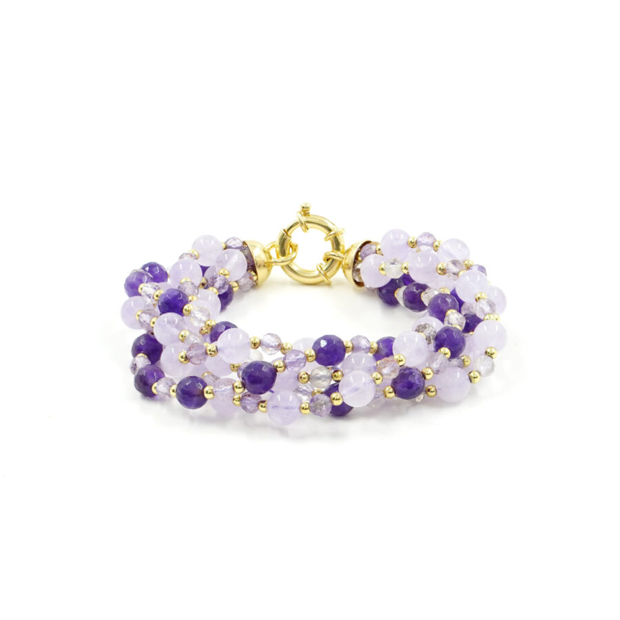 Bracciale Multifilo con ametista, ametista lavanda, ematite, chiusura in argento 925 – Dorato
