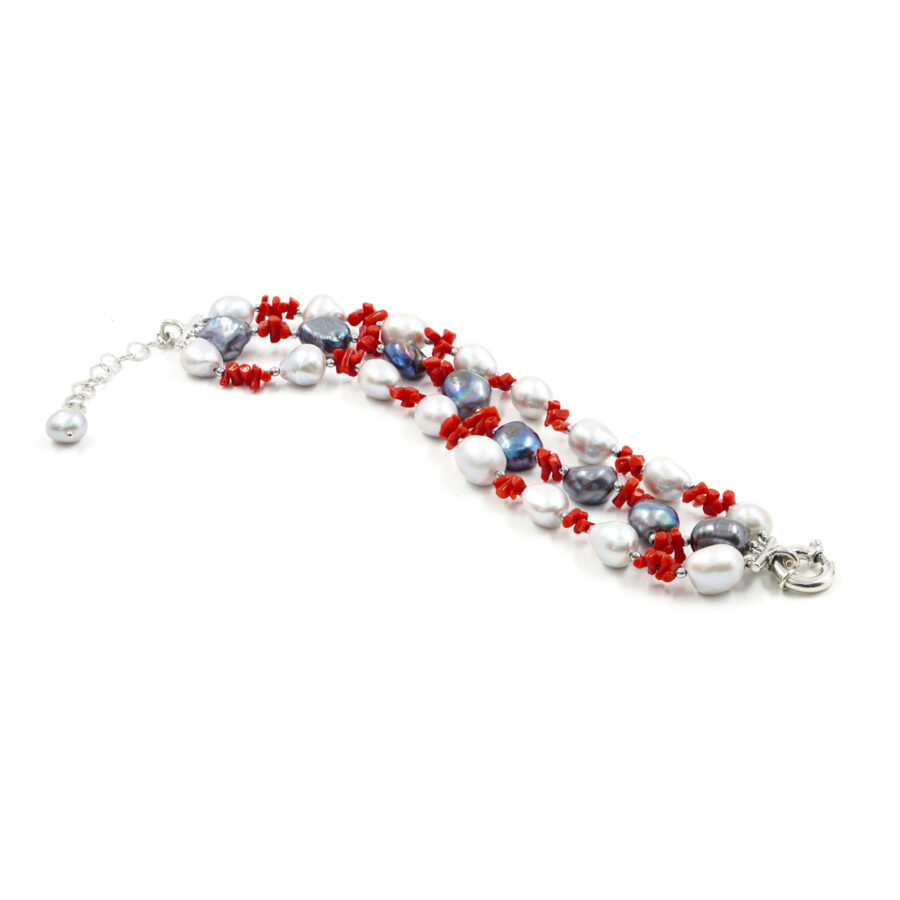 Bracciale Multifilo con perla d'acqua dolce grigia, corallo, ematite, chiusura in argento 925 – Rodiato