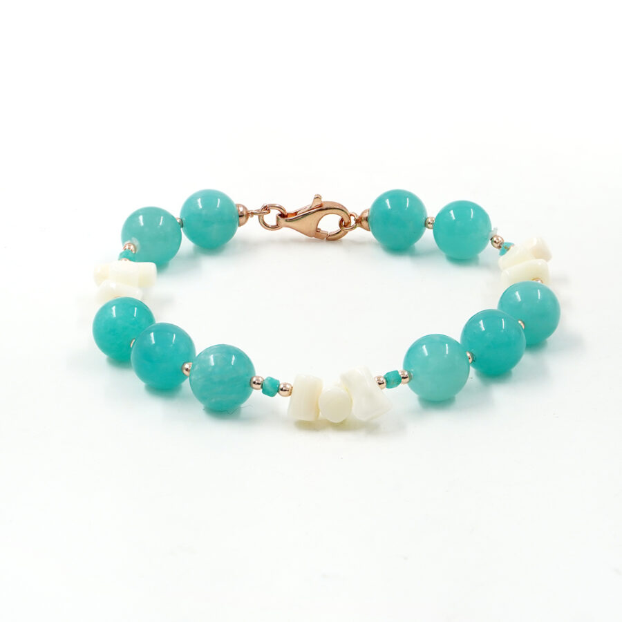 Bracciale con amazzonite, corallo bianco, ematite, chiusura in argento 925 - Rosato