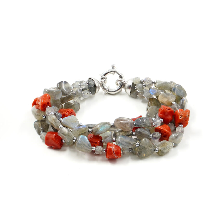 Bracciale Multifilo con labradorite, corallo, ematite, chiusura in argento 925 - Rodiato