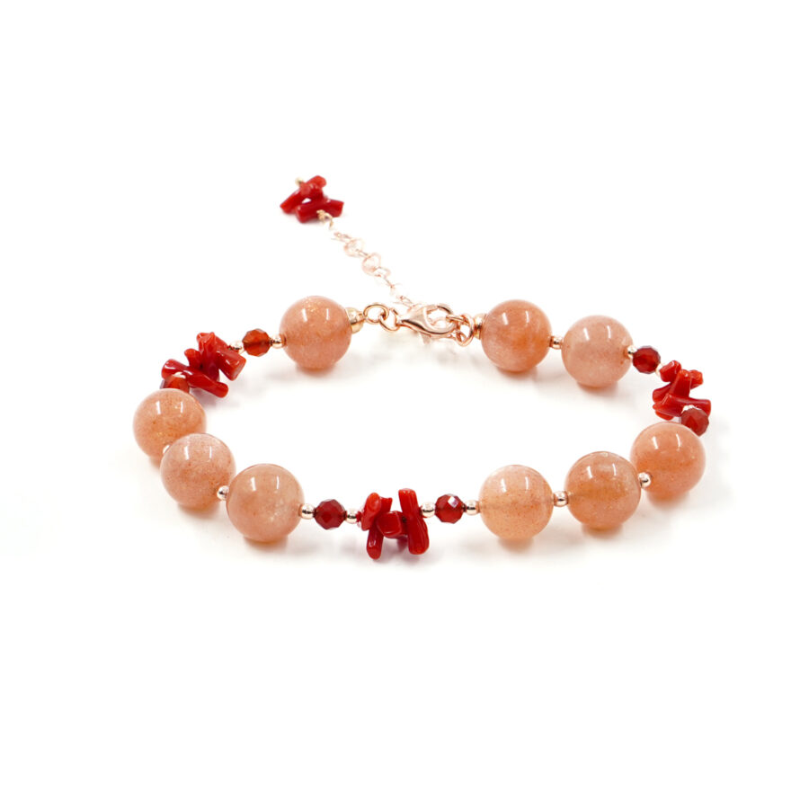 Bracciale con pietra di Luna, corallo, agata rossa, ematite, chiusura in argento 925 - Rosato