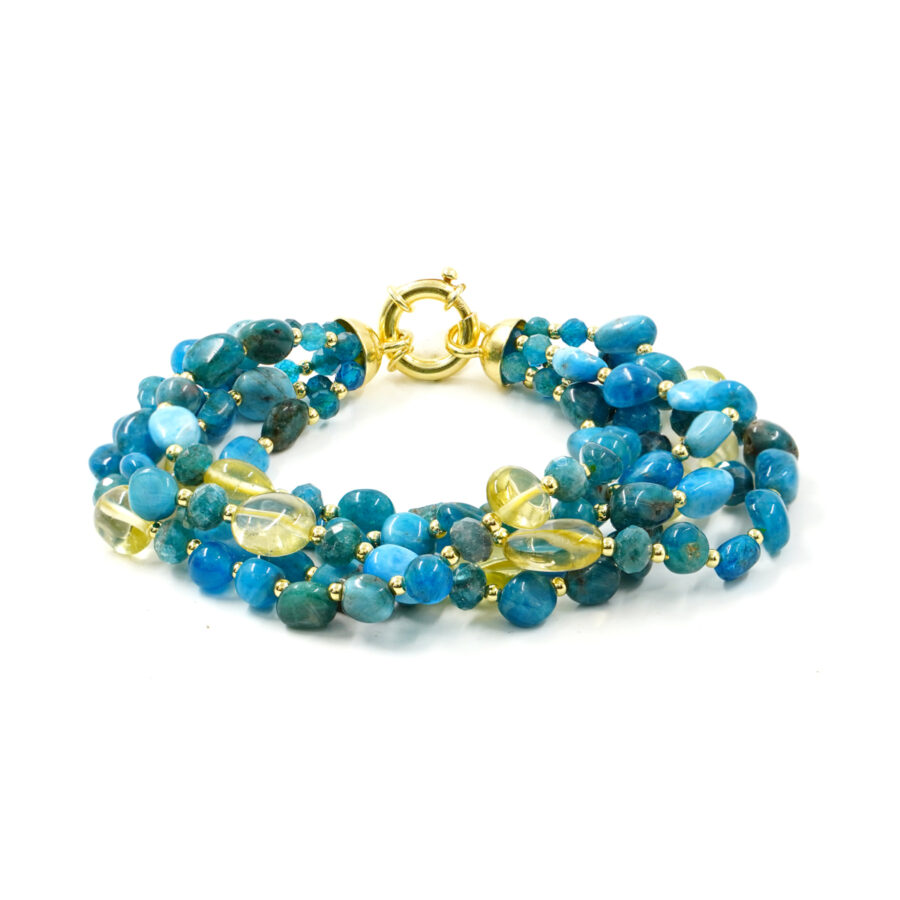 Bracciale Multifilo con quarzo lemon, apatite, chiusura in argento 925 - Dorato