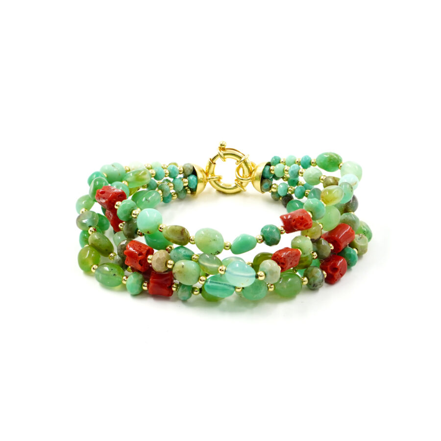 Bracciale Multifilo con crisoprasio, agata green grass, corallo, chiusura in argento 925 - Dorato