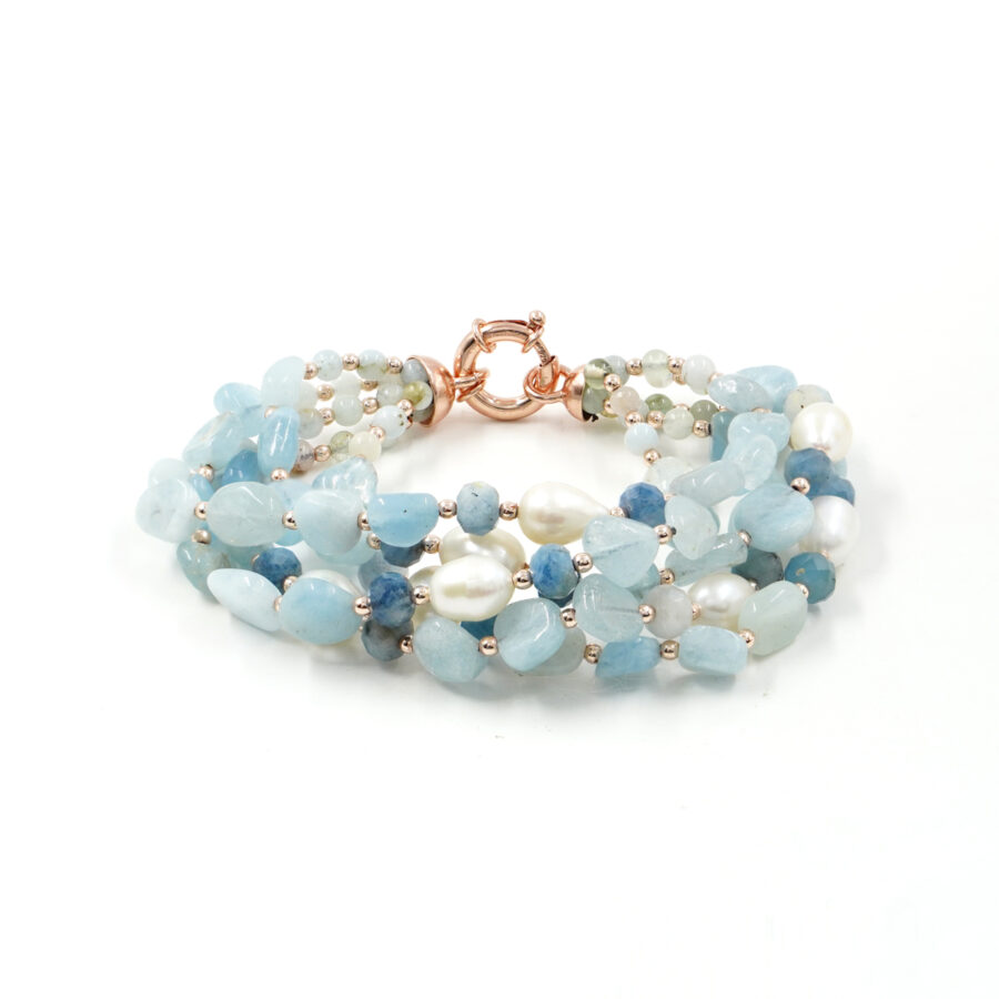 Bracciale Multifilo con acquamarina, perla, chiusura in argento 925 - Rosato