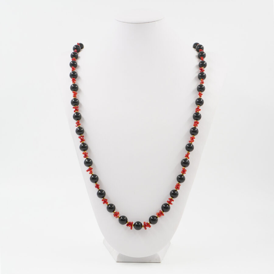 Collana con agata nera, corallo, ematite, chiusura in argento 925 – Dorato - immagine 3