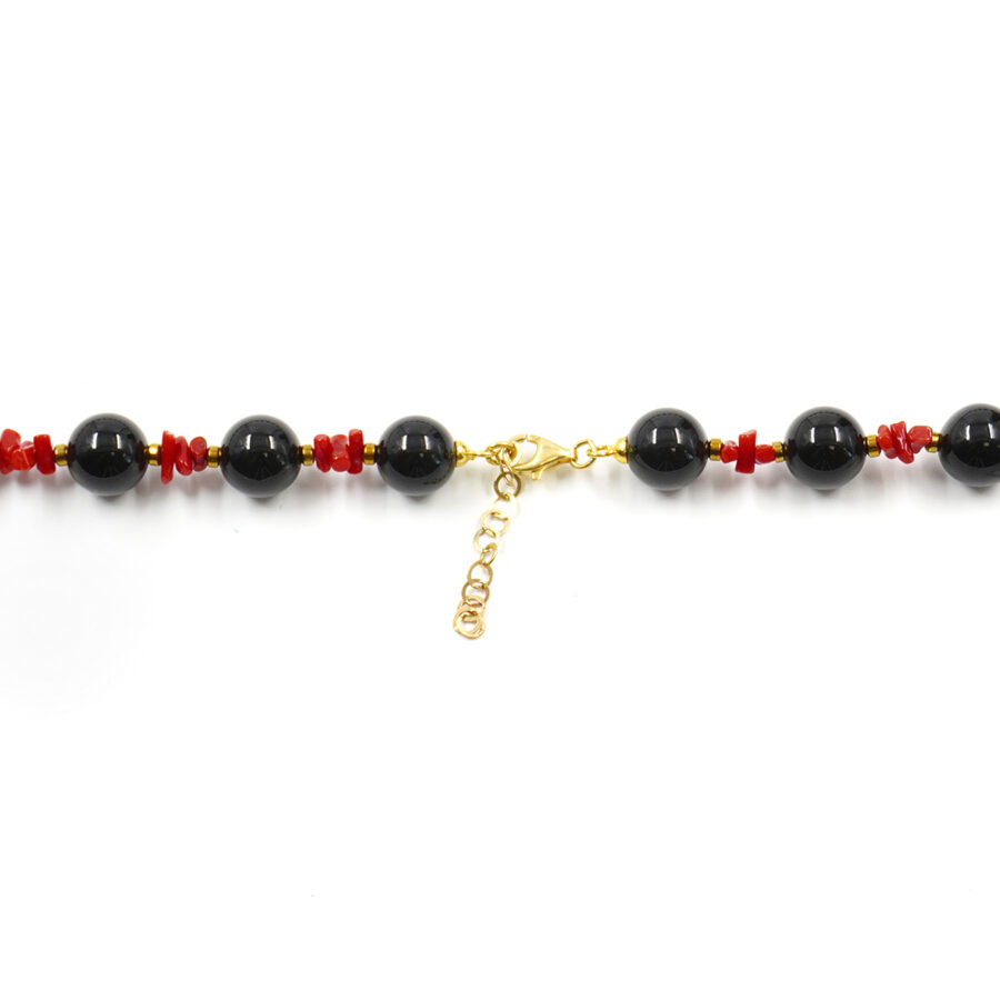 Collana con agata nera, corallo, ematite, chiusura in argento 925 – Dorato - immagine 4