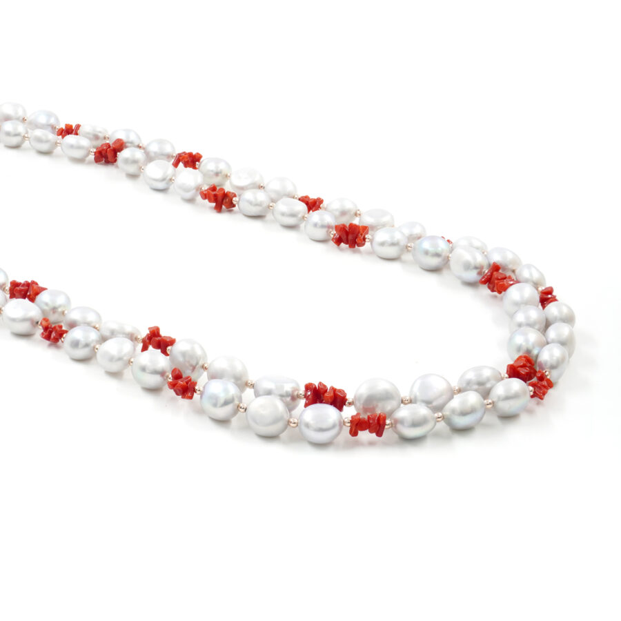 Collana Multifilo con perla, corallo, ematite, chiusura in argento 925 – Rosato