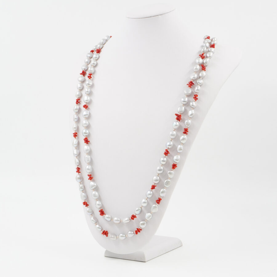 Collana Multifilo con perla, corallo, ematite, chiusura in argento 925 – Rosato - immagine 2