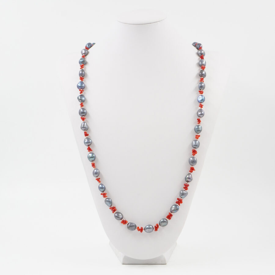 Collana con perla, corallo, ematite, chiusura in argento 925 – Rodiato - immagine 3