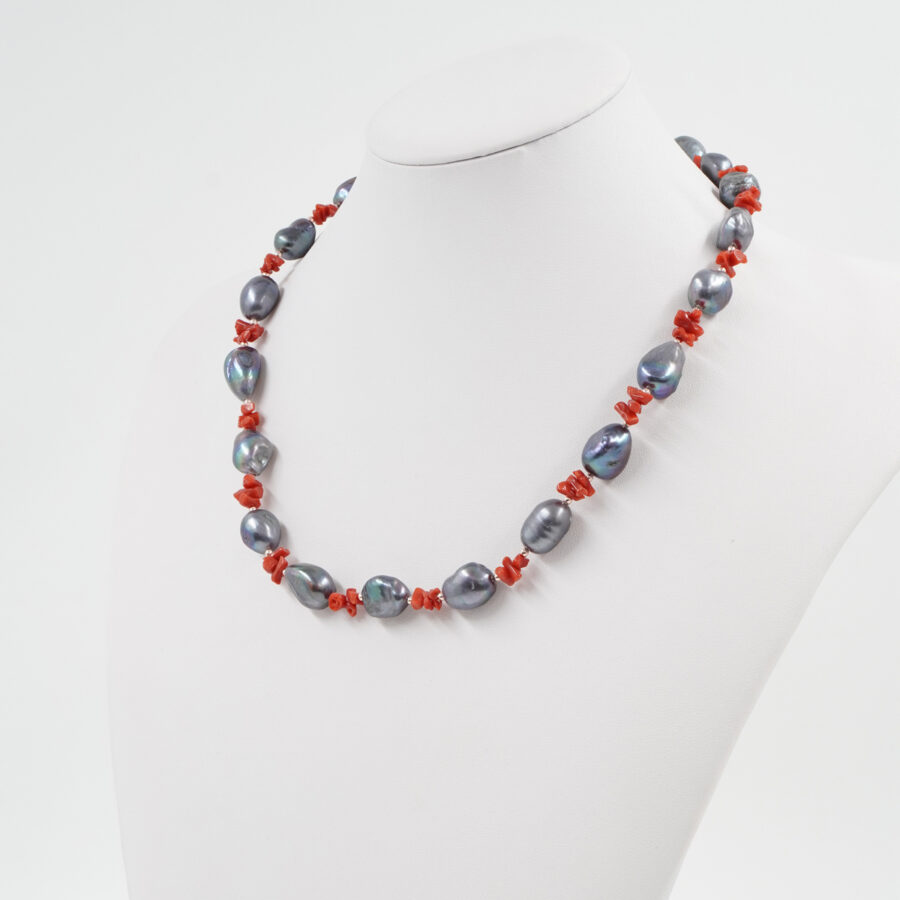Collana con perla, corallo, ematite, chiusura in argento 925 – Rosato