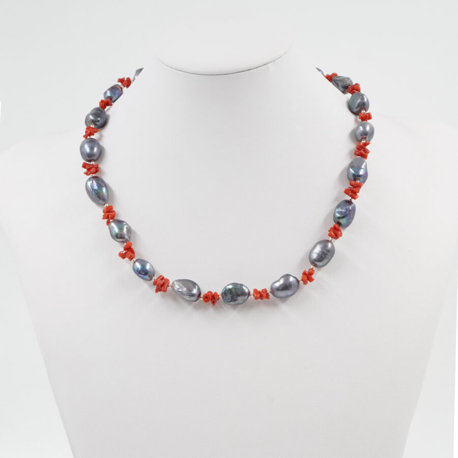 Collana con perla, corallo, ematite, chiusura in argento 925 – Rosato - immagine 2