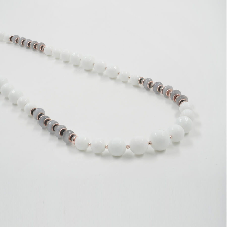Collana con agata bianca, occhio di gatto, labradorite, ematite, chiusura in argento 925 – Rosato