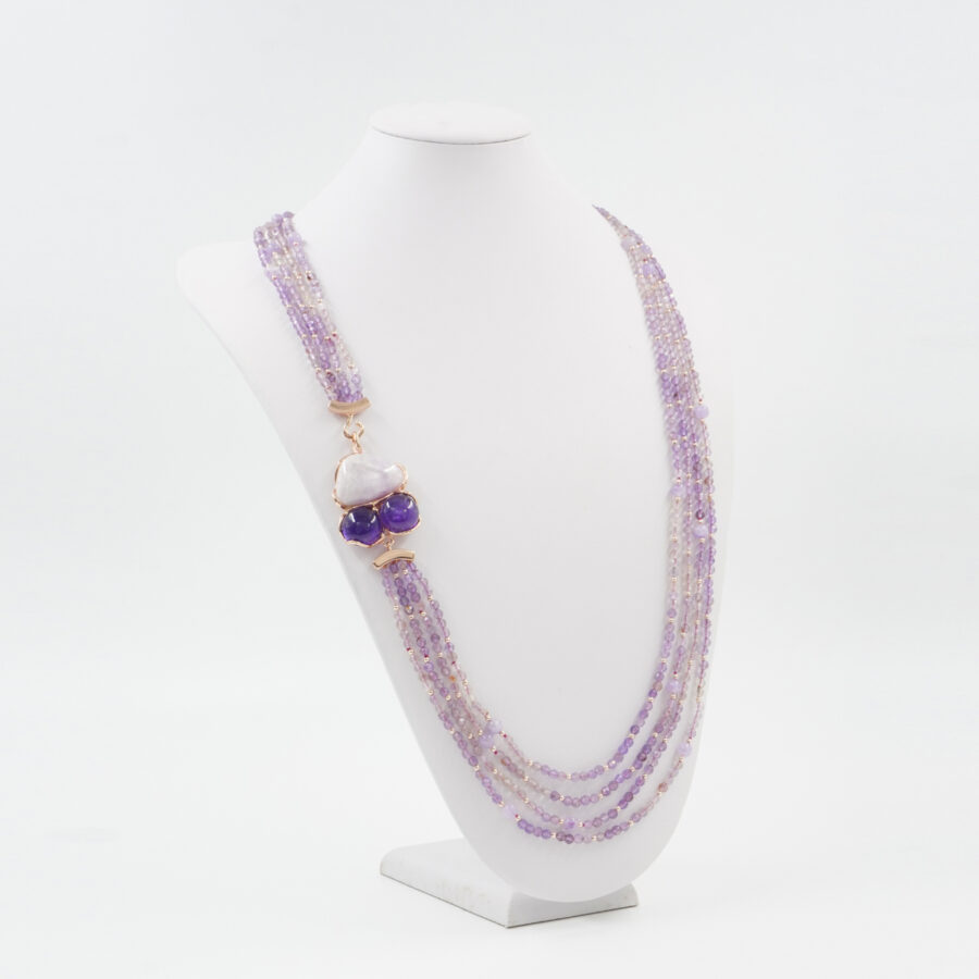 Collana Multifilo con ametista lavanda, kunzite, ematite, chiusura in argento 925 - Rosato