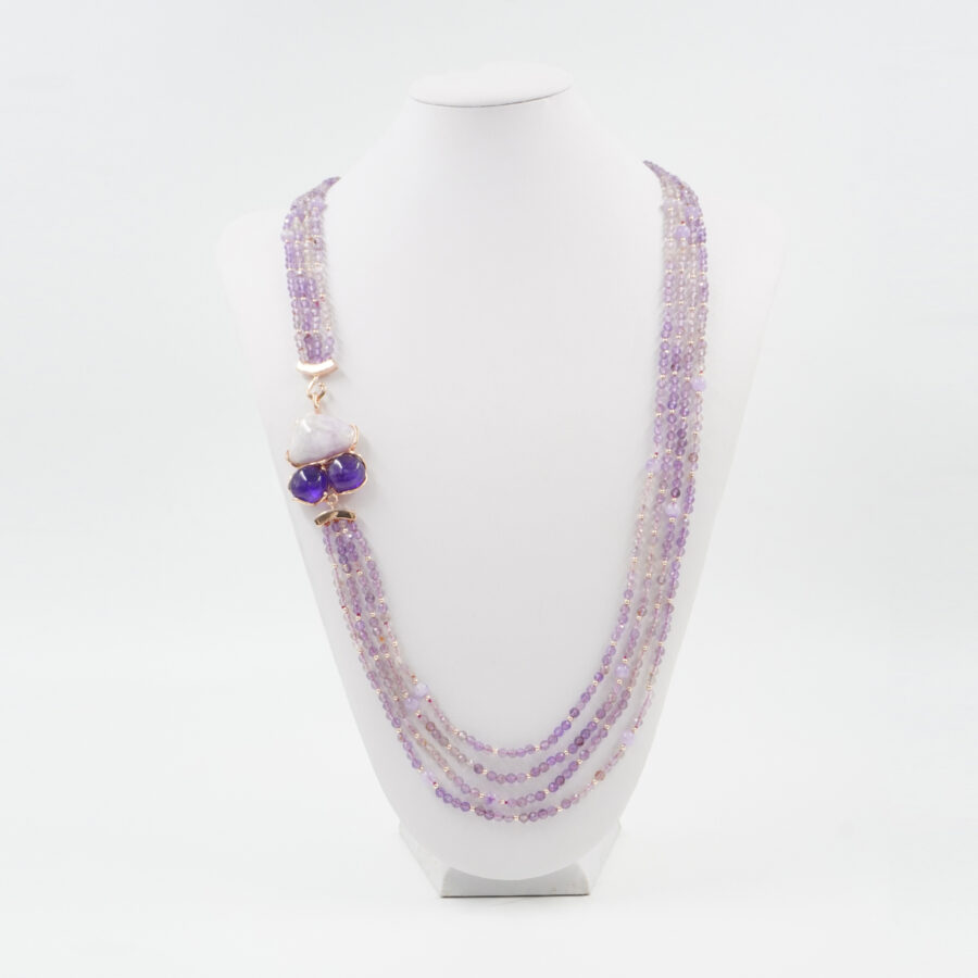 Collana Multifilo con ametista lavanda, kunzite, ematite, chiusura in argento 925 - Rosato - immagine 2
