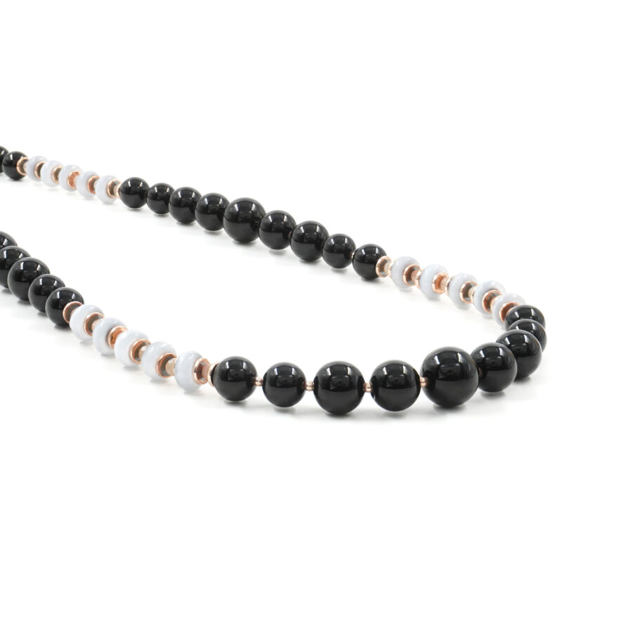 Collana con agata nera, occhio di gatto, pietra di Luna, ematite, chiusura in argento 925 - Rosato