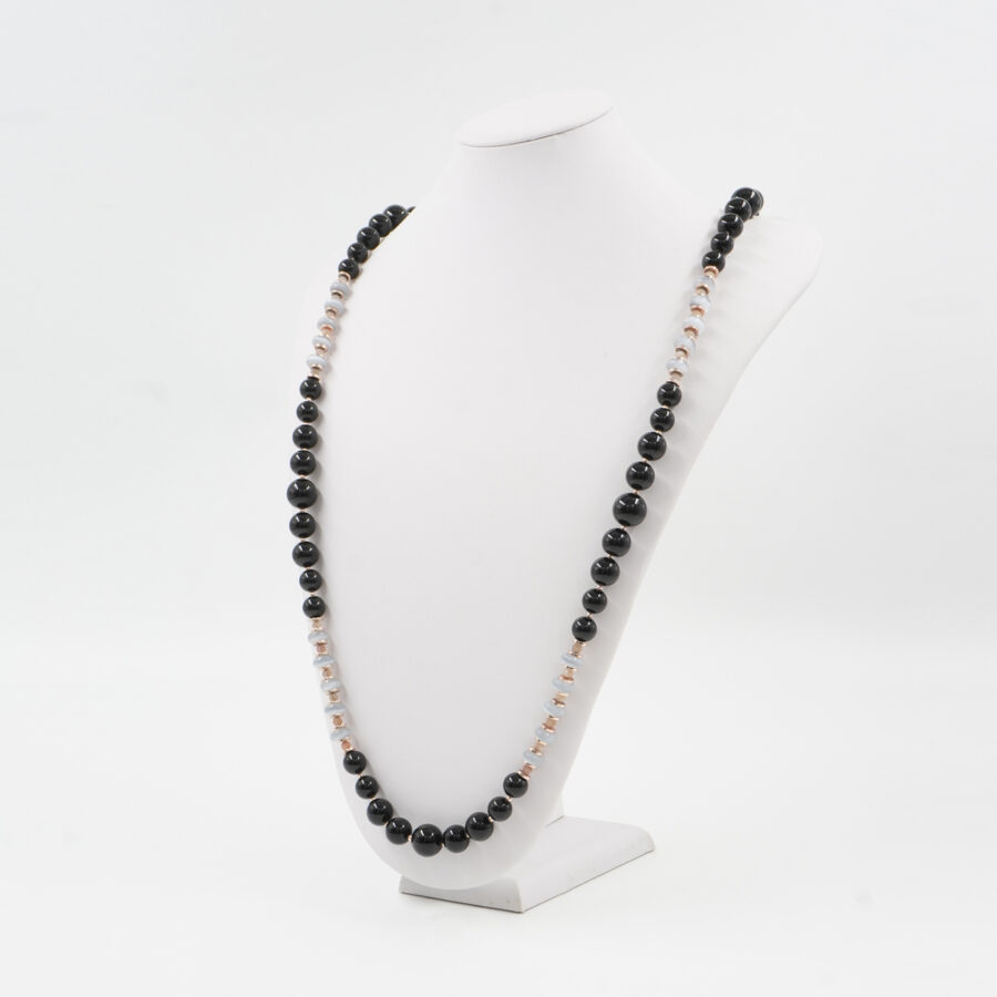 Collana con agata nera, occhio di gatto, pietra di Luna, ematite, chiusura in argento 925 - Rosato - immagine 2