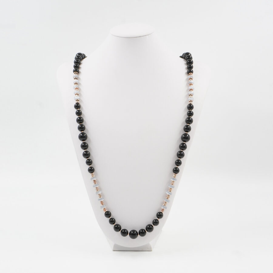 Collana con agata nera, occhio di gatto, pietra di Luna, ematite, chiusura in argento 925 - Rosato - immagine 3