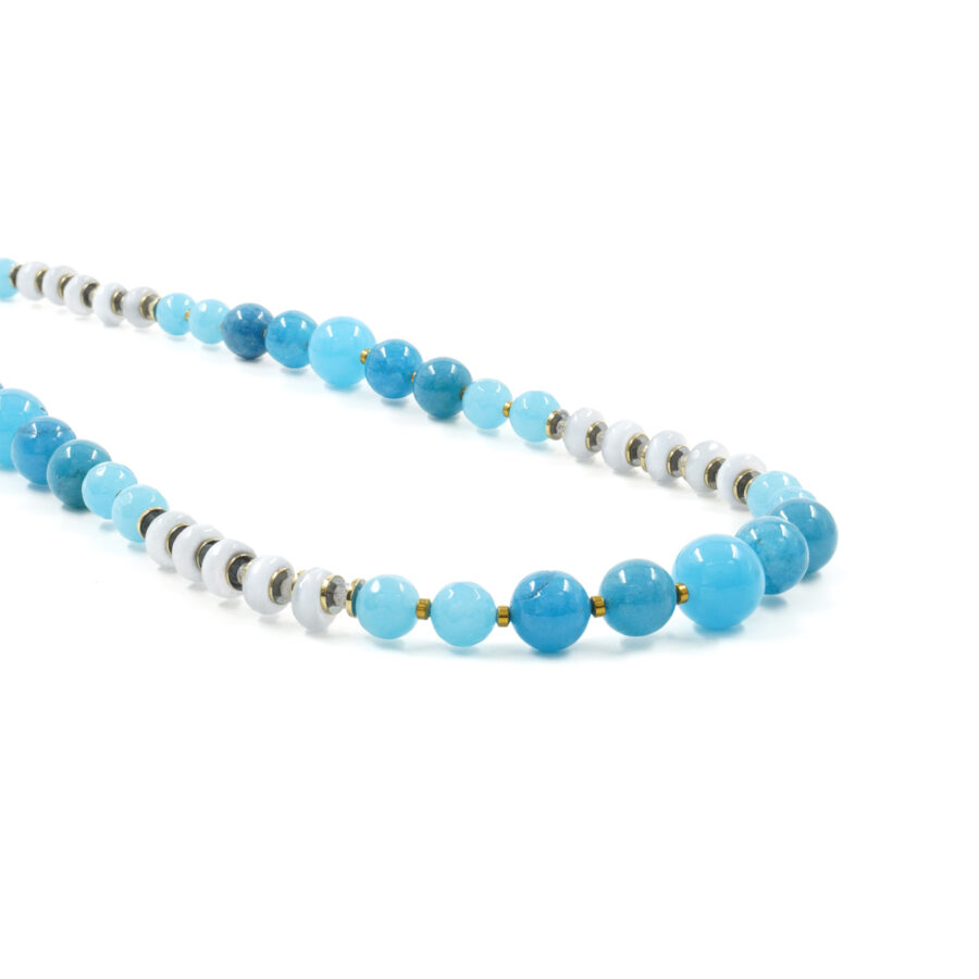 Collana con quarzo spugna azzurro, occhio di gatto, labradorite, ematite, chiusura in argento 925 - Dorato