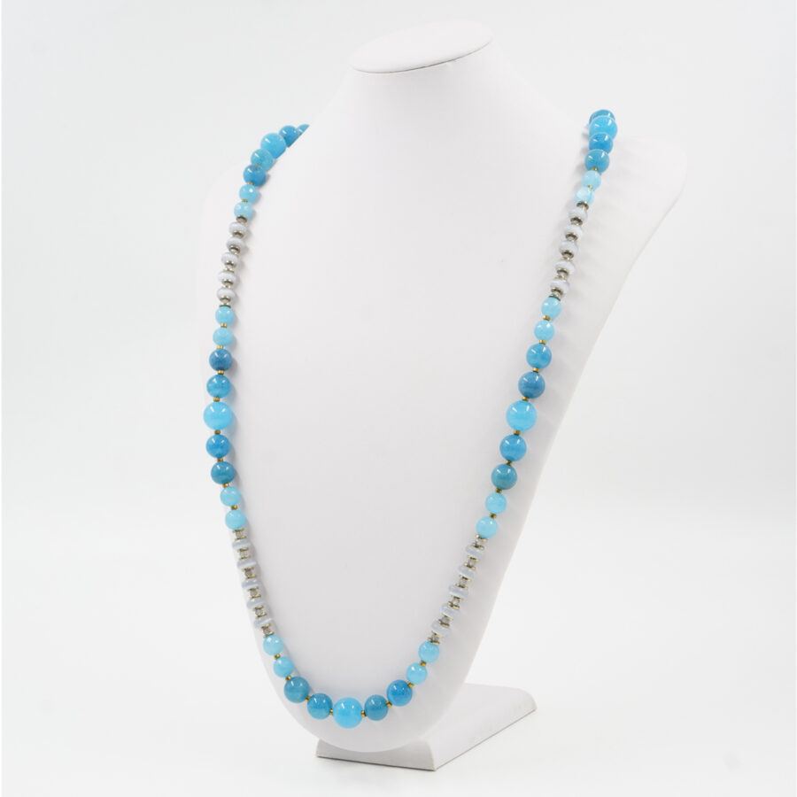 Collana con quarzo spugna azzurro, occhio di gatto, labradorite, ematite, chiusura in argento 925 - Dorato - immagine 2