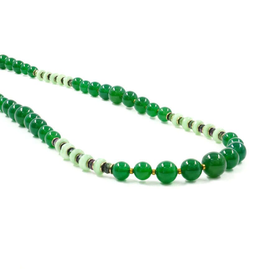Collana con agata verde, occhio di gatto, rubyzoisite, ematite, chiusura in argento 925 - Dorato