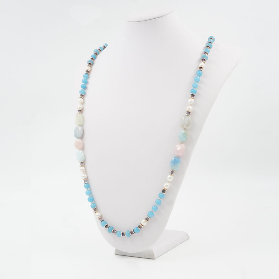 Collana con quarzo spugna azzurro, berillo, iolite, perla, ematite, chiusura in argento 925 - Rosato - immagine 2
