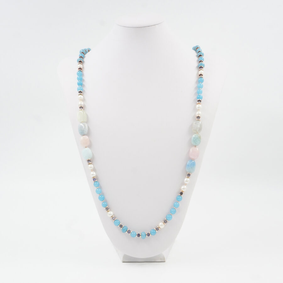 Collana con quarzo spugna azzurro, berillo, iolite, perla, ematite, chiusura in argento 925 - Rosato - immagine 3